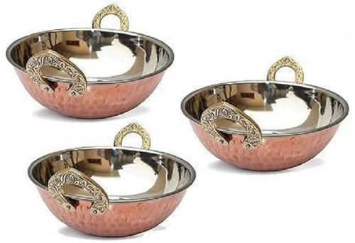 Nexxa Set of 4 Indian Copper Serveware Karahi Vegetable Dinner Bowl with Handle for Indian Food, Diameter 15 Cm Nexxa Set of 4 Indian Copper Serveware Karahi Vegetable Dinner Bowl with Handle for Indian Food, Diameter 15 Cm