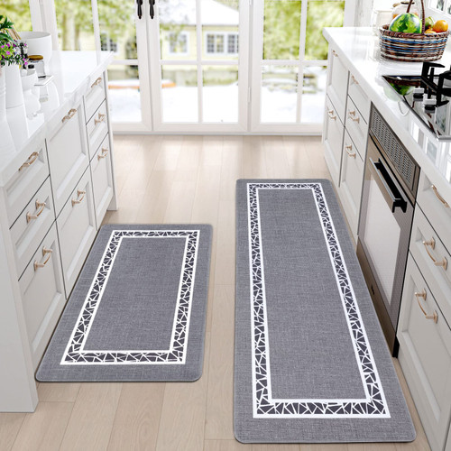 ASPMIZ Modern Kitchen Mat Set Anti Fatigue 2 Piece, Non-Skid Waterproof Kitchen Mats and Rugs Cushioned, Washable Kitchen Rug Floor Comfort Mats for Kitchen Home, 18'' x 48'' + 18'' x 30'', Grey