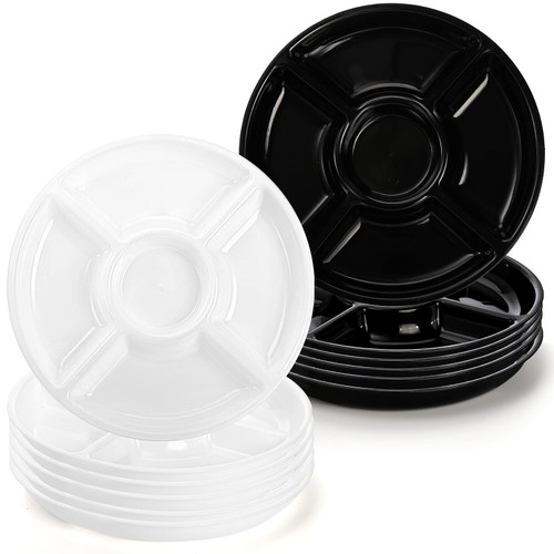 Okllen 12 Pack 5 Sectional Round Plastic Serving Tray, 12" Divided Candy Nut Serving Plate, Veggie Fruit Dish Platter Appetizer Tray for Dried Fruit, Snack, Desserts, Black & White Okllen 12 Pack 5 Sectional Round Plastic Serving Tray, 12" Divided Candy Nut Serving Plate, Veggie Fruit Dish Platter Appetizer Tray for Dried Fruit, Snack, Desserts, Black & White