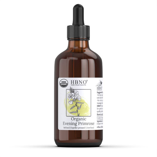 HBNO Organic Evening Primrose Oil - Huge 4 oz (120ml) Value Size - USDA Certified Organic Evening Primrose Oil, Cold Pressed carrier oil for Face, Body, Lips, Nails, Shampoo & Conditioner.