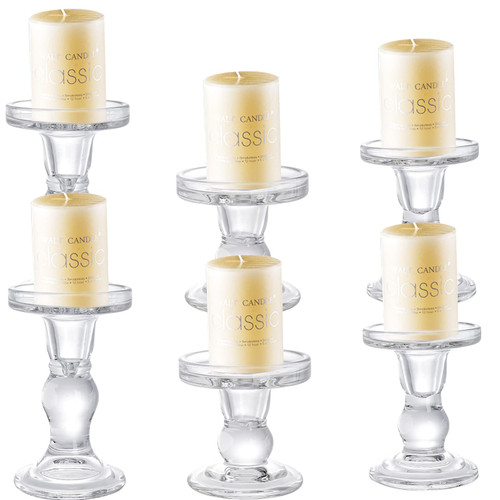 Okllen Set of 6 Glass Candle Holders, Clear Pillar Taper Candlestick Crystal Tealight Candle Holder Stand for Dinner Table, Wedding Centerpieces, Living Room, Home Decor Okllen Set of 6 Glass Candle Holders, Clear Pillar Taper Candlestick Crystal Tealight Candle Holder Stand for Dinner Table, Wedding Centerpieces, Living Room, Home Decor