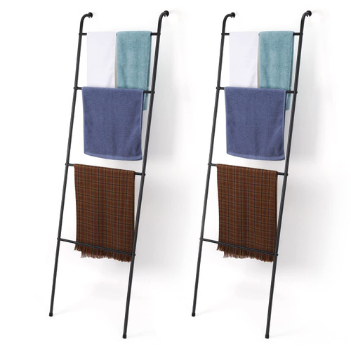 2 Pack Blanket Ladder Decorative Towel Rack Holder for Bathroom, Wall Leaning Metal Drying Quilt Stand for Living Room Bedroom Farmhouse Home Decor, Gift for Women Mom Mother Her Wife - Black