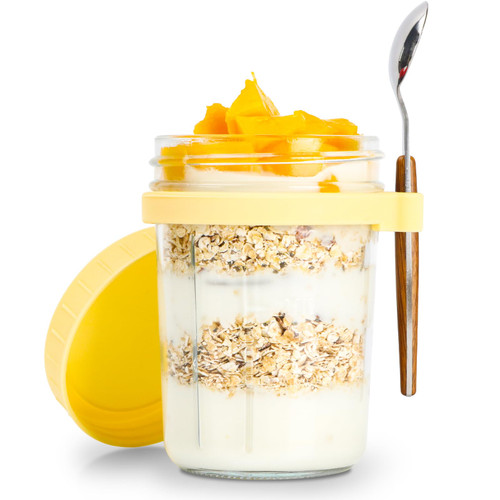 Kxuhivc Overnight Oats Containers with Lids and Spoons, 12 oz Glass Mason Overnight Oats Jars, Airtight Oatmeal Container with Measurement Marks for Yogurt Milk Cereal Vegetable and Fruit Salad