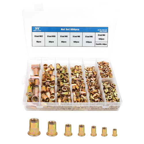 600pcs Rivet Nut Kit, Metric Rivet Nuts Assortment M3 M4 M5 M6 M8 M10 M12, Zinc Plated Finish, Carbon Steel Flat Head Insert Threaded Rivet Nut Tool Kit with Case