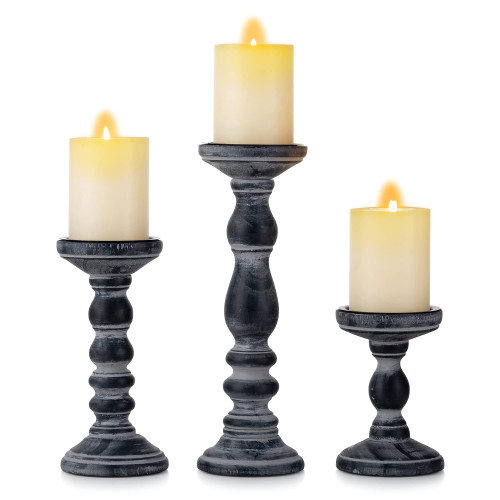 Wooden Candle Holders for Pillar Candles - Tall Rustic Candle Holder (Set of 3), Large Farmhouse Candle Holders Candle Stand, Pillar Candle Holder Set for Table Centerpiece, Fireplace, Home, Black