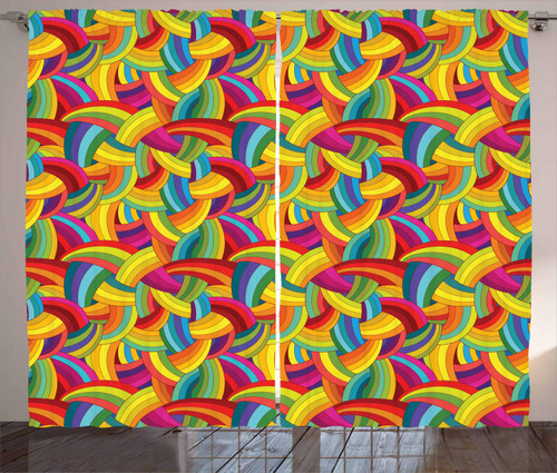 Ambesonne Psychedelic Curtains, Colorful Rainbow Pattern with Stripes and Curves Abstract Grunge Illustration, Living Room Bedroom Window Drapes 2 Panel Set, 108" X 84", Rainbow