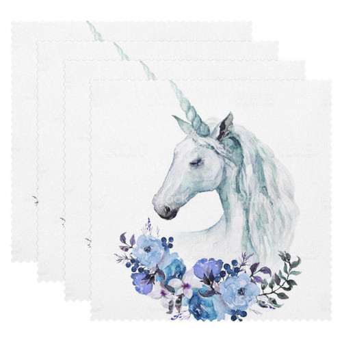 Placemats Set of 4 Dining Table Place Mats Cloth Placemats Kitchen Table Mats Indoor Outdoor Placemat, Unicorn Cartoon Blue Flower