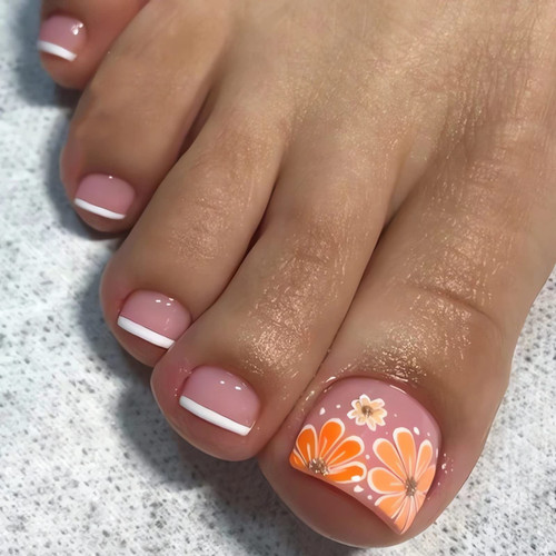Baoximong Square French Press on Toenails Short Flower Fake Toenails with Designs Full Cover Acrylic False Toenails Glossy Glue on Toe Nails Summer Stick on Toe Nails for Women 24Pcs