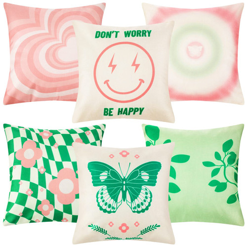 Peryiter 6 Pieces Preppy Throw Pillows Covers Decorative Cute Preppy Aesthetic Pillow Covers Pink Smile Face Butterfly Flower Pillow Case for Teen Girls Bedroom Home, 18 x 18 Inch(Butterfly Flower)
