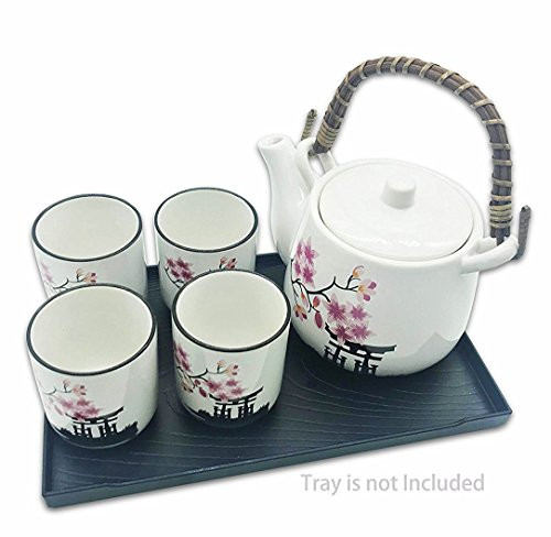 Deluxe Sakura Flower Japanese Ceramic Tetsubin Teapot & Teacups, Tea Set, Stainless Steel Infuser & bamboo Handle included (6"W 4.5H)