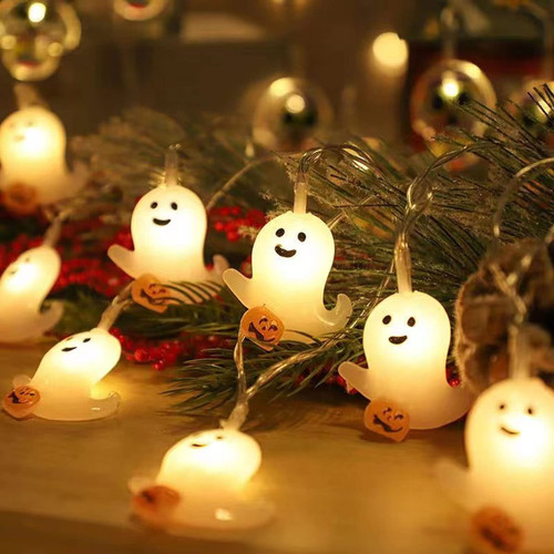 Halloween White Ghost String Lights Decorations, 9.8FT, 20 LED Glowing Witch Hat String Lights with 2 Lighting Modes Suitable for Garden, Party, Yard, Halloween White Ghost String Lights Decorati
