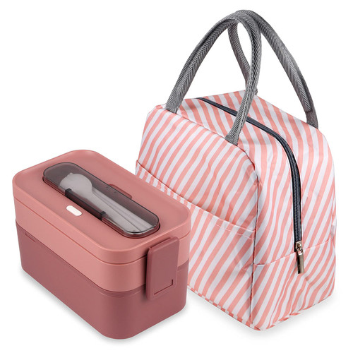 NatraProw Bento Lunch Box for Adult with Bag, 2 Layers Stackable Lunch Container, 1600ml Large bento Box for Adults, Built-in Utensils, Microwave Safe Bento Boxes, Leakproof, BPA Free, Pink