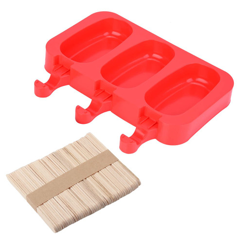 Silicone Popsicle Molds, Ice Cream Bar Mold 3 Cavities Silicone Ice Pop Mold with 50 Sticks, 3 Cavities Silicone Popsicle Molds with Lid for Popsicle Making Ice cream Jello Savory Cakes