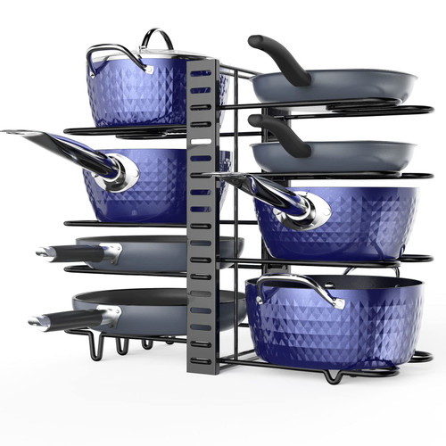 RAINBEAN Pot and pan organizer, Pot Lid Holders & Pan Rack, Multiple DIY methods 8 tier pot racks, adjustable kitchen organization and storage for pots and pans.