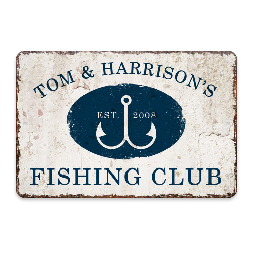 Personalized Vintage Distressed Look Fishing Club Metal Room Sign (12x18 Inches)