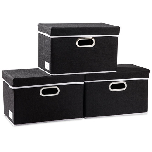 PRANDOM Foldable Storage Box with Lid [3-Pack] Fabric Collapsible Storage Bin Organizer Container Basket Cube with Cover for Home Bedroom Closet Office Nursery Black (14.9x9.8x9.8)