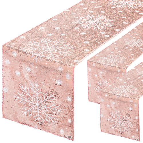3 Pcs Christmas White Snowflake Pattern Rose Gold Sequin Table Runner Nonslip Winter Rose Gold Table Runners for Wedding Birthday Party Decorations, 12 x 72 Inches