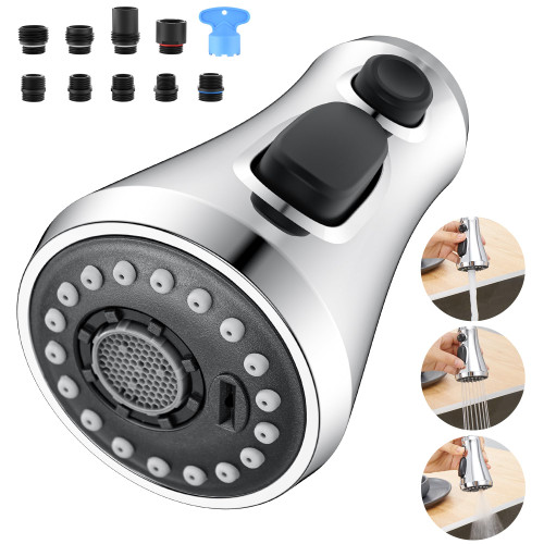 Kitchen Faucet Spray Head Replacement, HEISOK 3-Function Kitchen Sink Faucet Replacement, Pull Down Kitchen Faucet Head Replacement with 9 Adapters, for Pull Out Faucet Spray Nozzle,Chrome