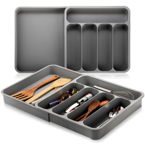 Pumtus 2 Pack Expandable Cutlery Drawer Organizer, Adjustable Kitchen Utensil Tray Set, 6 Compartment Flatware Storage Divider, Kitchen Organization for Utensils, Cutlery, Flatware Storage