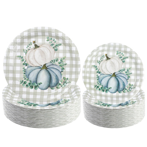 50 Pack Pumpkin Paper Plates Fall Dinner Plates Fall Plaid Watercolor Disposable Plates Pumpkin Eucalyptus Autumn Harvest Party Tableware for Thanksgiving Holiday Dining Kitchen Party Supplies, 7", 9"