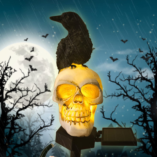QH & Garden Halloween Outdoor Decoration Solar Lights, Waterproof Ghost Lights, Skull Solar Garden Lights with Black Crow on Skull, Skeleton Stakes with LED Lights, Stunning Halloween Decorations