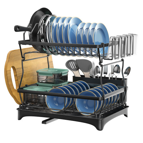 QINFZY Large Dish Drying Rack with Drainboard Set, Dish Drainers for Kitchen Counter, 2 Tier Black Metal Dish Rack, Dish Drainers with Water Cup Holder, Utensil Holder, Drying Rack for Dishes