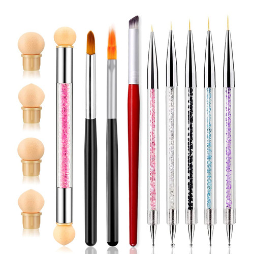 SILPECWEE 9Pcs Nail Art Brushes Double-Ended Nail Brush And Dotting Tool Kit Ombre Nail Brush Nail Sponge Pen With 4pcs Replacement Head Nail Design Brushes Nail Art Supplies