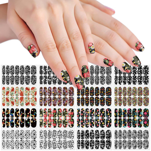 SILPECWEE 16 Sheets Flower Nail Wraps Nail Polish Stickers for Women Black Nail Polish Strips Self Adhesive Gel Nail Strips Stick on Nails Fingernail Manicure with 1pc Nail File