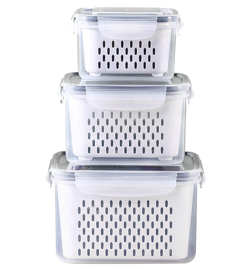 Ronanemon 3Pack Fridge Food Storage Container Set with Lids with Strainer, Fruit Vegetable Storage Containers Keep Fruits, Vegetables, Berry, Meat Fresh longer, BPA-Free Plastic Produce Keepers