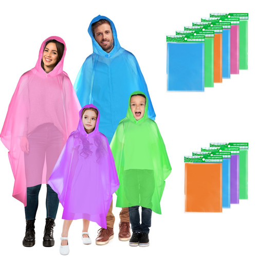 Rain Ponchos for Adults and Kids,Ponchos Family Pack with Drawstring Hood 10 pack,Disposable or Reusable Emergency Rain Capes Ponchos,for Hiking,Travel,Camping Outdoors,Walking Watching Game,4 Color