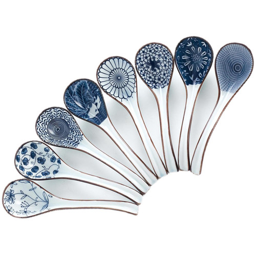 Hoilse Asian Soup Spoon Set of 8,Ceramic Japanese Ramen Spoons, Long Handle Perfect Depth for Dumpling, Pho, Noodles, Miso, Wonton, Dishwasher Safe