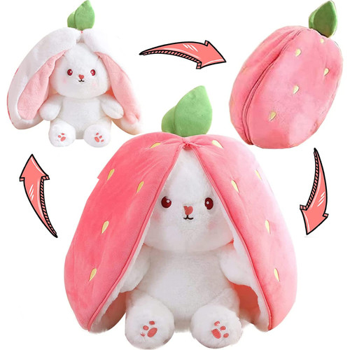 MIAODAM Easter Bunny Stuffed Animal, Kawaii Squishy Cute Easter Bunny Plush Turn Into Rabbit Fruit Doll Carrot Strawberry Pillow, Plushies Funny Bunny Toy for Baby (Strawberry Rabbit, 13.7inch)