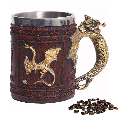 OURASHERO Red Medieval Mechanical Dragon Mug Resin Steampunk Gearwork Renaissance Dragons Beer Stein Viking Tankard Mug Stainless Coffee Drink Cup for Dragon Collector Lovers Halloween Decor -13oz