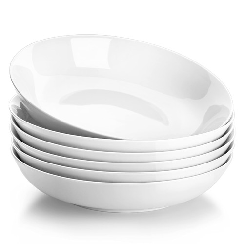 MALACASA Pasta Bowls, 40oz Large White Serving Bowls Porcelain Salad Bowls Set of 6 Soup Bowls for Kitchen Ceramic Wide Shallow Pasta Bowls Pasta Plates Microwave and Dishwasher Safe
