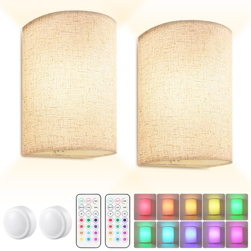 Facaimo RGB Wall Sconces Set of Two, Battery Rechargeable Wall Lighting with Remote Control, Cordless Wall Lamp Sconces Dimmable Magnetic Wall Sconce for Bedroom Living Room Hallway