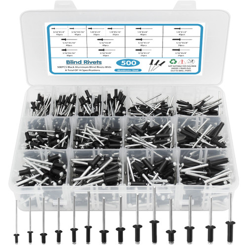 500pcs Black Rivets Pop Rivets Assortment Kit, SATANTECH 14 SAE Sizes Aluminum Rivets (3/32" 1/8" 5/32" 3/16"), Assorted Blind Rivets with Reinfored Divider & Labeled Case for Storage