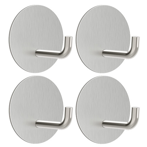 VIS'V Adhesive Hooks, Silver Round Stick on Hooks Heavy Duty Waterproof Stainless Steel Self Adhesive Shower Wall Hooks Bathroom Kitchen Sticky Hooks for Towel Loofah Key Cup Hat - 4 Pcs