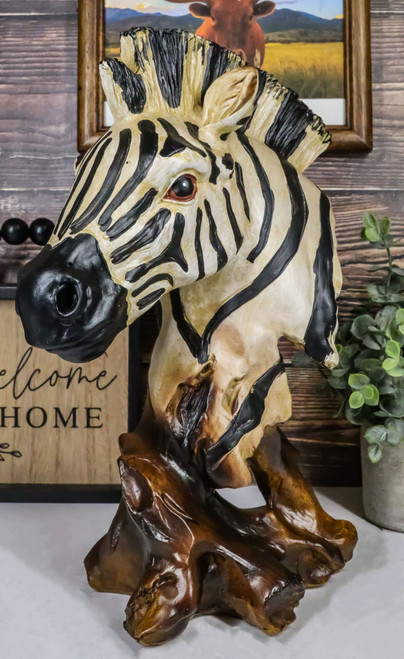 Ebros Safari African Savanna Zebra Horse Wildlife Bust Statue in Faux Wood Finish As Zoo Zebras Horses Stallions Decorative Figurine Beautiful Black and White Stripes 3D Animal Art Decor