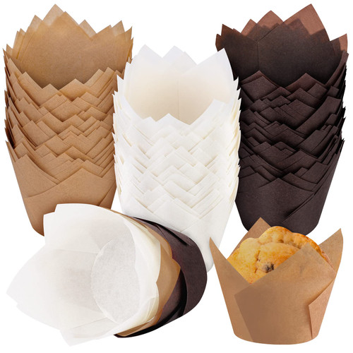 Ruisita 180 Pieces Tulip Cupcake Liners Baking Cups Cupcake Muffin Liners Holder Cupcake Wrappers for Parties, Weddings, Birthdays, Baby Showers (Small, Brown, Natural, White)