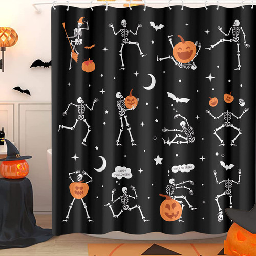 Zussun Halloween Skull Shower Curtain for Bathroom Funny Black and White Gothic Skeleton Dance Waterproof Fabric Shower Curtains Fall Pumpkins Dancing Bath Decor with Hooks (Black, 72'' x 72'')