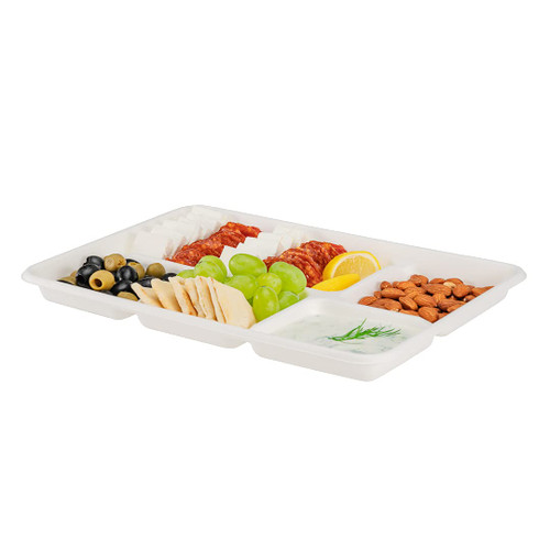 Restaurantware Pulp Tek 10.4 x 8.5 Inch Compartment Trays, 100 Large Fiber Food Trays - 5 Compartments, Lids Sold Separately, White Sugarcane/Bagasse Disposable Cafeteria Trays, Heavy-Duty