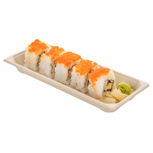 Restaurantware Pulp Tek 8.7 x 3.5 Inch Long Sushi Trays, 100 Microwavable Bagasse Dishes - Lids Sold Separately, Freezable, Brown Bagasse Sugarcane Trays, For Snacks Or Desserts