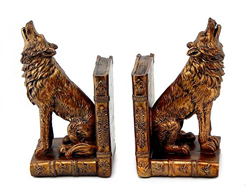Bellaa 26362 Howling Wolf Bookends Set of 2 Wolves Books CD DVD Holder