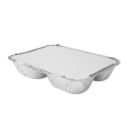 Restaurantware LIDS ONLY: Foil Lux Aluminum Pan Lids For 3-Compartment Trays, 100 Rectangle Foil Board Lids - Trays Sold Separately, Flat Design,Foil-Laminated White Paper Lids