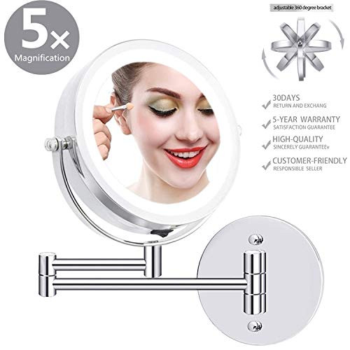LED Double-Sided Magnifying Makeup Mirror, 6.7" Diameter 1X/5X Adjustable Magnification Led Cosmetic Mirror Wall Mounted, 360° Rotating Function, Lighted Vanity Mirror, Chrome Extendable Swivel Mirror