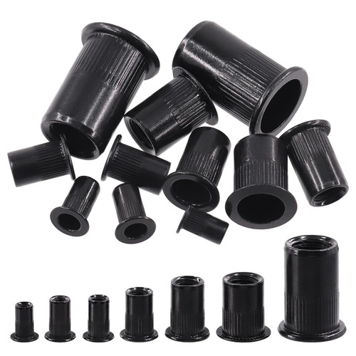 Swpeet 100Pcs Carbon Steel Rivet Nuts Kit, SAE UNC #10-24 Rivet Nuts, Black Zinc Plated Carbon Steel Rivet Nut Inserts Nutserts Kit, Flat Head Threaded Insert Nut Assort