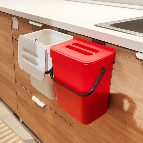 StoneSpace Countertop Compost Bin with Lid, Hanging Small Trash Can with Lid Under Sink?1.3 Gallon Mountable Compost Bucket, Red