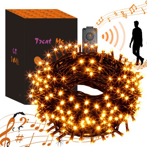 Vanthylit Halloween Lights Outdoor, 82FT 200 LED Halloween String Lights with Music, Waterproof Orange Lights Plug in Motion Sensor Halloween Decorations