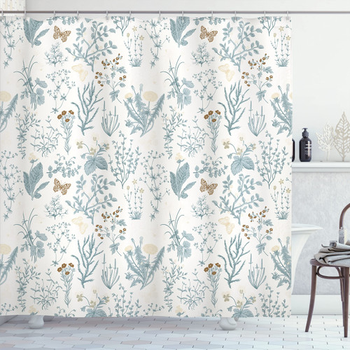 Ambesonne Floral Shower Curtain, Vintage Garden Plants Herbs Flowers Botanical Classic Design Illustration, Cloth Fabric Bathroom Decor Set with Hooks, 69" W x 70" L, Blue Grey