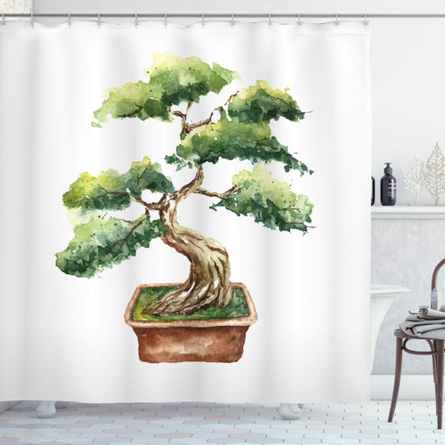 Ambesonne Garden Shower Curtain, Watercolor Style Bonsai Hand Drawn Japanese Tree Eastern Nature Inspired Image, Cloth Fabric Bathroom Decor Set with Hooks, 69" W x 75" L, Pale Brown Green
